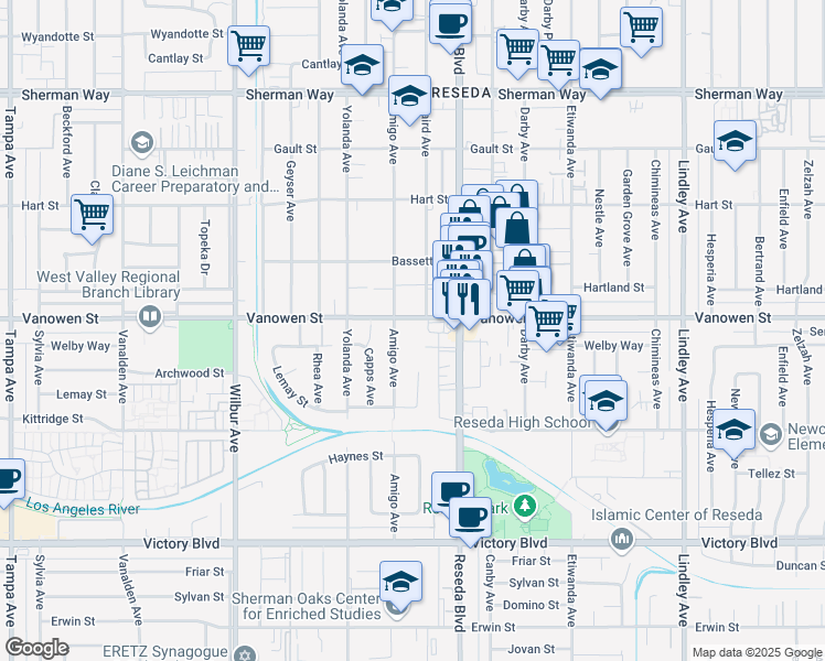 map of restaurants, bars, coffee shops, grocery stores, and more near 18560 Vanowen Street in Los Angeles