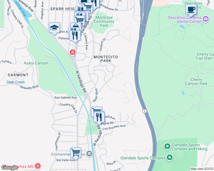 map of restaurants, bars, coffee shops, grocery stores, and more near 1944 Montecito Drive in Glendale