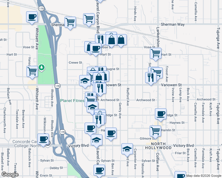 map of restaurants, bars, coffee shops, grocery stores, and more near 6747 Ben Avenue in Los Angeles