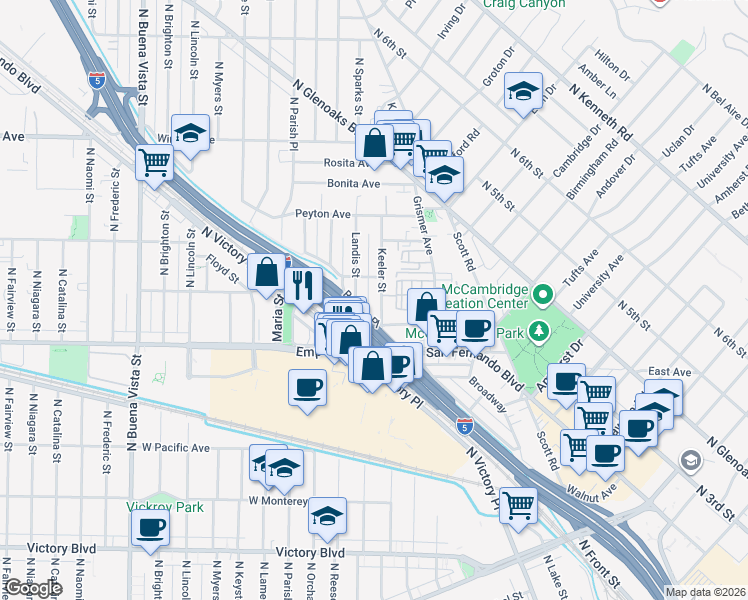 map of restaurants, bars, coffee shops, grocery stores, and more near 1707 Keeler Street in Burbank