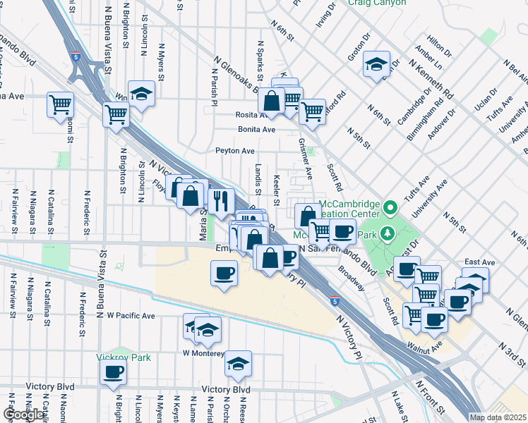 map of restaurants, bars, coffee shops, grocery stores, and more near 1702 Landis Street in Burbank