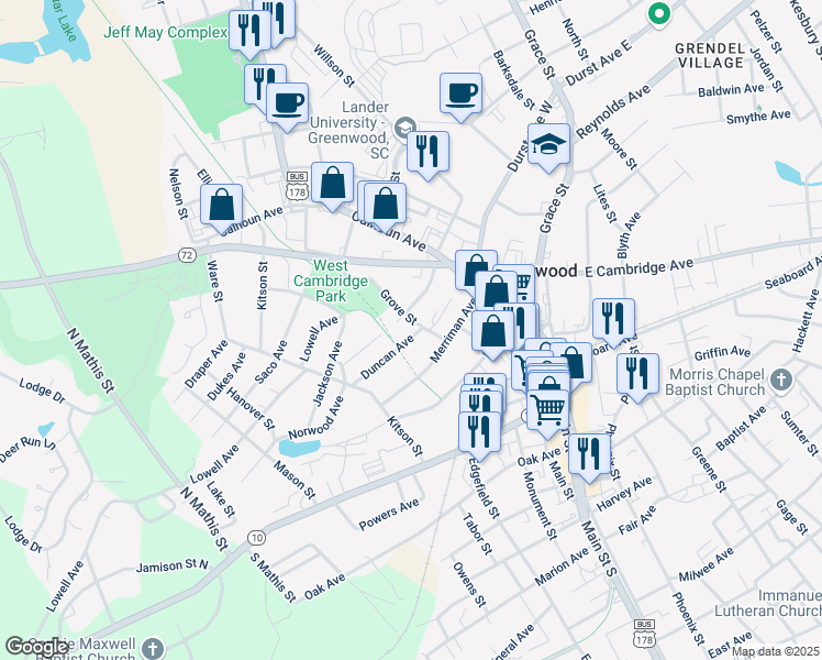 map of restaurants, bars, coffee shops, grocery stores, and more near 202 Andrews Avenue in Greenwood