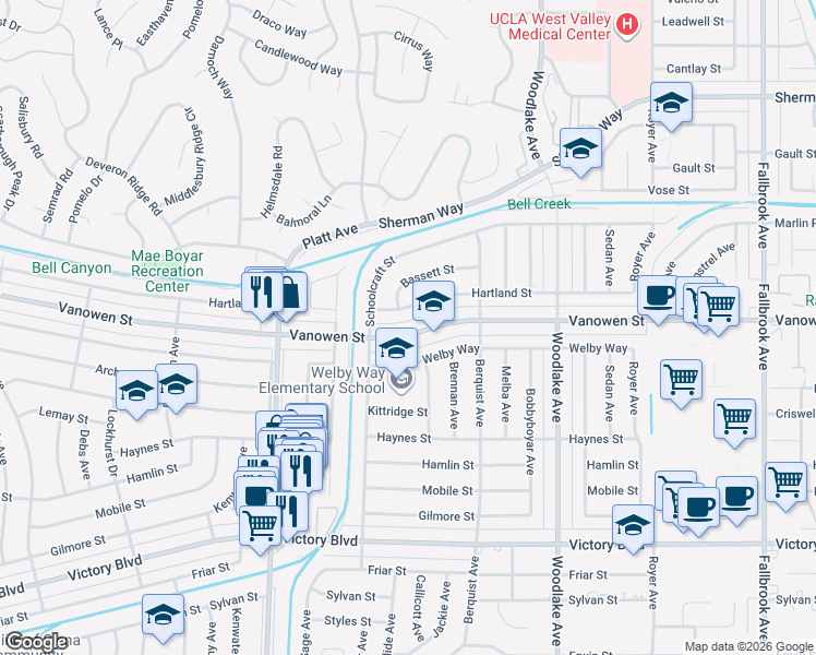 map of restaurants, bars, coffee shops, grocery stores, and more near 23415 Vanowen Street in Los Angeles