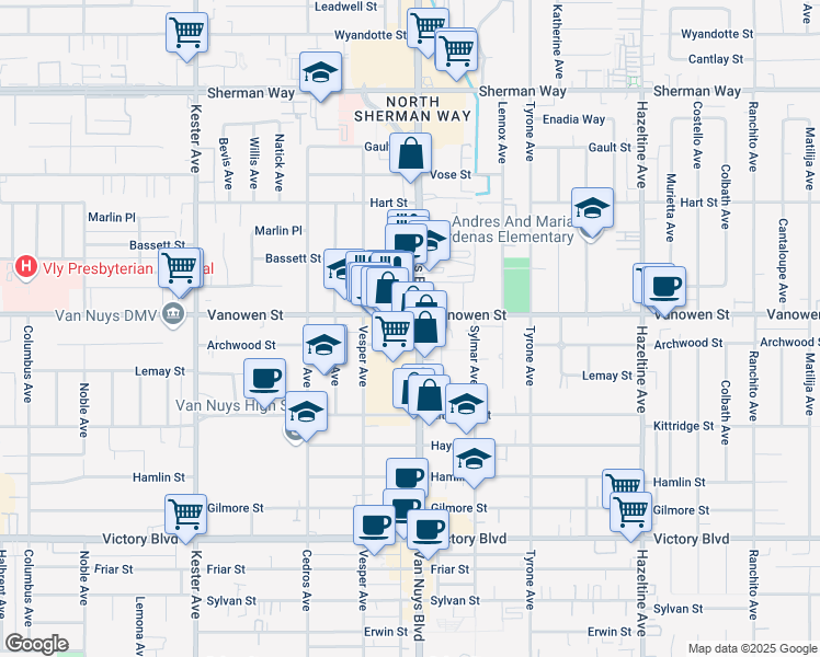 map of restaurants, bars, coffee shops, grocery stores, and more near 14523 Vanowen Street in Los Angeles