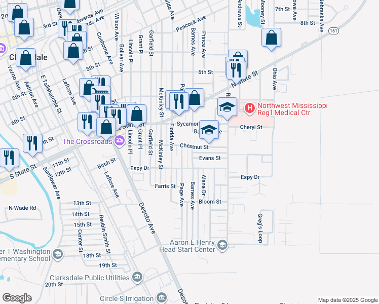 map of restaurants, bars, coffee shops, grocery stores, and more near 1401-1537 Chestnut Street in Clarksdale