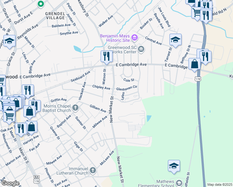 map of restaurants, bars, coffee shops, grocery stores, and more near 207 New Market Street in Greenwood