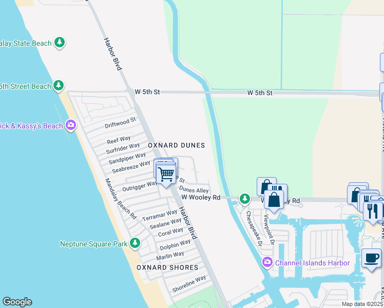 map of restaurants, bars, coffee shops, grocery stores, and more near 4905 Catamaran Street in Oxnard