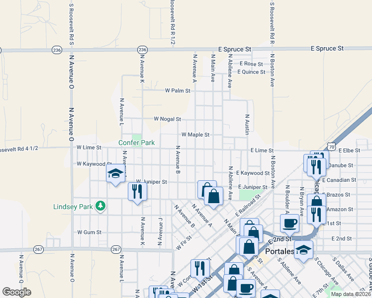 map of restaurants, bars, coffee shops, grocery stores, and more near 246 West Lime Street in Portales