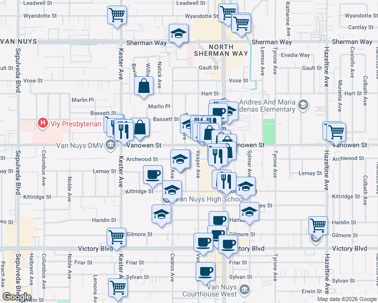 map of restaurants, bars, coffee shops, grocery stores, and more near 14629 Vanowen Street in Los Angeles