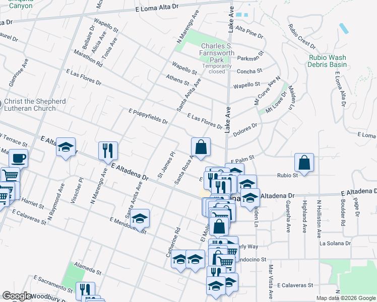 map of restaurants, bars, coffee shops, grocery stores, and more near 2821 Santa Rosa Avenue in Altadena