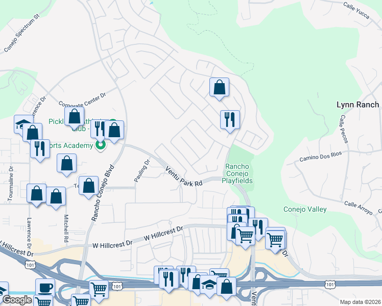 map of restaurants, bars, coffee shops, grocery stores, and more near 1726 Blossom Court in Thousand Oaks