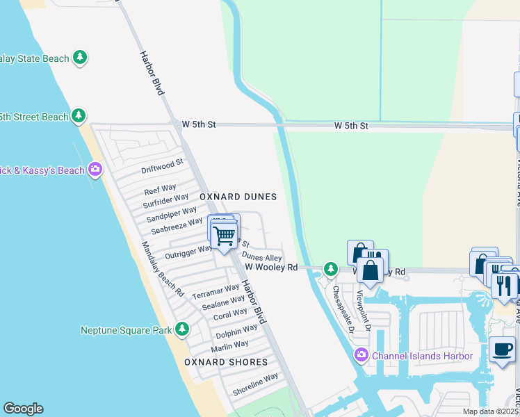 map of restaurants, bars, coffee shops, grocery stores, and more near 4905 Catamaran Street in Oxnard
