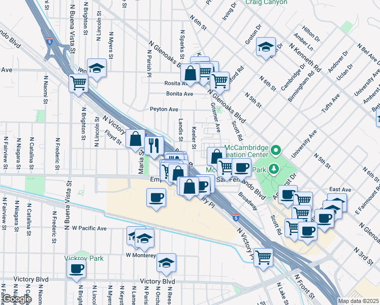 map of restaurants, bars, coffee shops, grocery stores, and more near 1722 Keeler Street in Burbank
