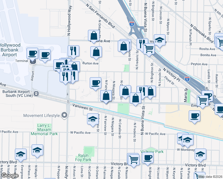 map of restaurants, bars, coffee shops, grocery stores, and more near 2305 North Niagara Street in Burbank