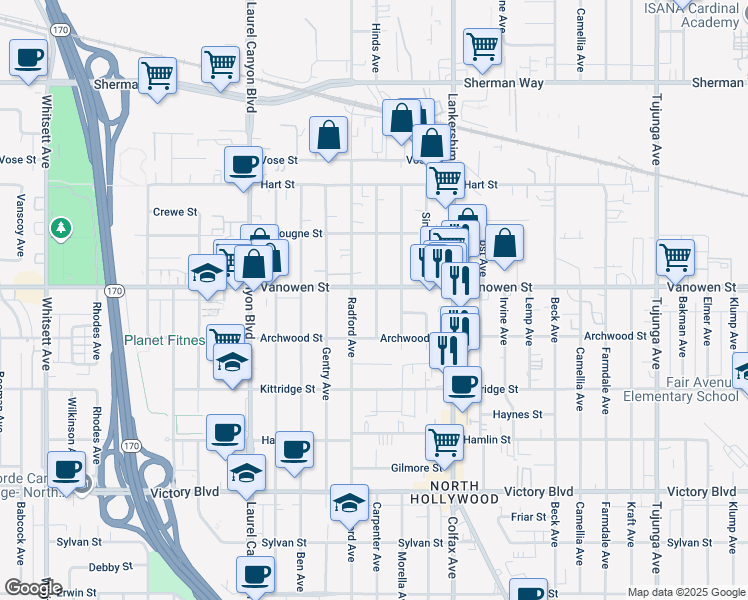 map of restaurants, bars, coffee shops, grocery stores, and more near 11818 Vanowen Street in Los Angeles