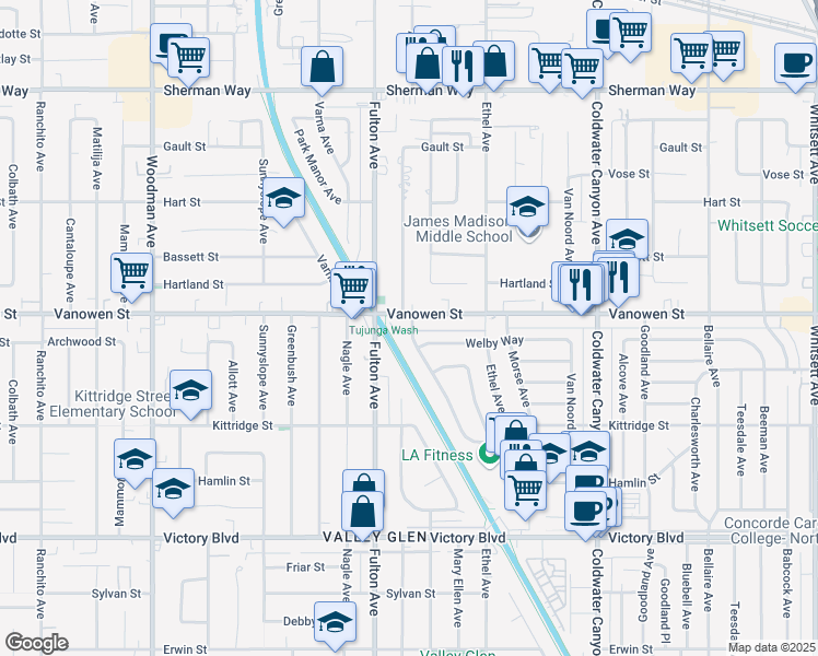 map of restaurants, bars, coffee shops, grocery stores, and more near 13205 Vanowen Street in Los Angeles