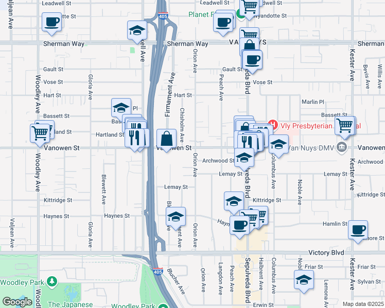 map of restaurants, bars, coffee shops, grocery stores, and more near 6802 Chisholm Avenue in Los Angeles