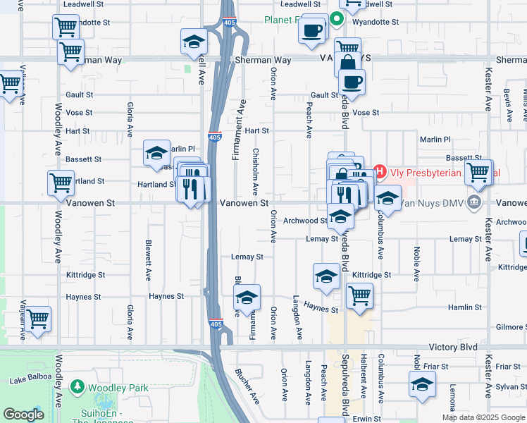 map of restaurants, bars, coffee shops, grocery stores, and more near 6802 Chisholm Avenue in Los Angeles