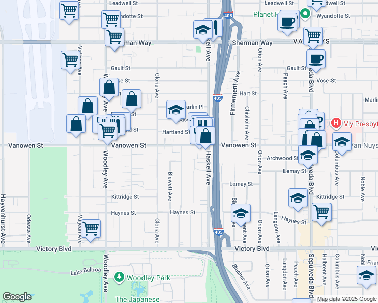 map of restaurants, bars, coffee shops, grocery stores, and more near 15727 Vanowen Street in Los Angeles