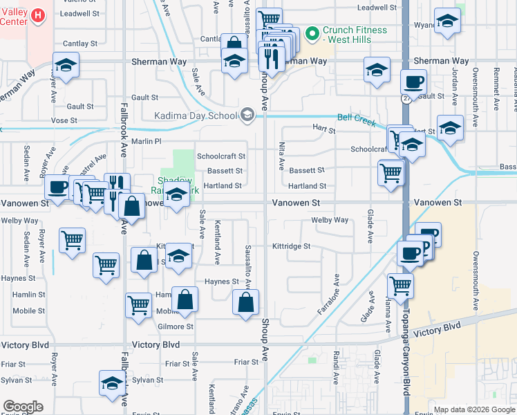 map of restaurants, bars, coffee shops, grocery stores, and more near 22421 Vanowen Street in Los Angeles
