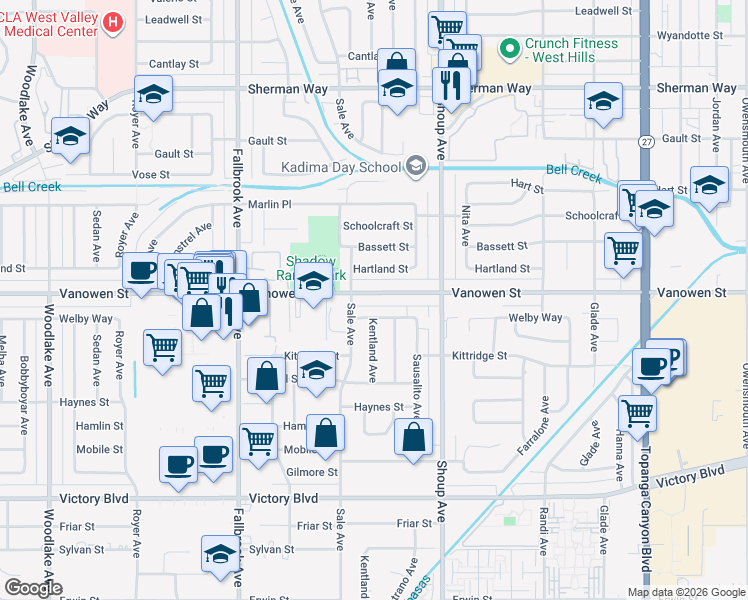 map of restaurants, bars, coffee shops, grocery stores, and more near 22501 Vanowen Street in Los Angeles