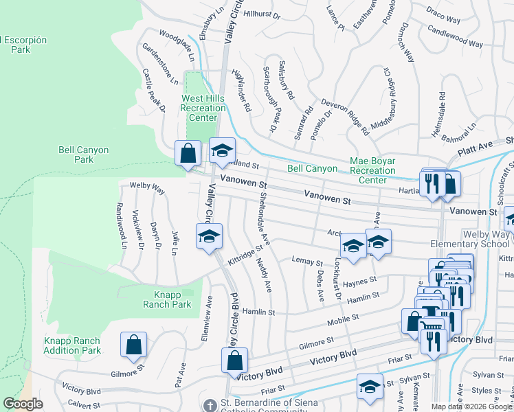 map of restaurants, bars, coffee shops, grocery stores, and more near 24321 Welby Way in Los Angeles