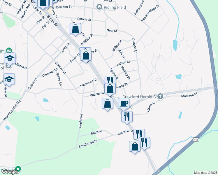 map of restaurants, bars, coffee shops, grocery stores, and more near 824 South Broad Street in Commerce