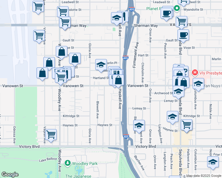 map of restaurants, bars, coffee shops, grocery stores, and more near 15727 Vanowen Street in Los Angeles