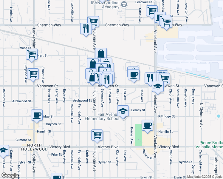 map of restaurants, bars, coffee shops, grocery stores, and more near 11308 Vanowen Street in Los Angeles