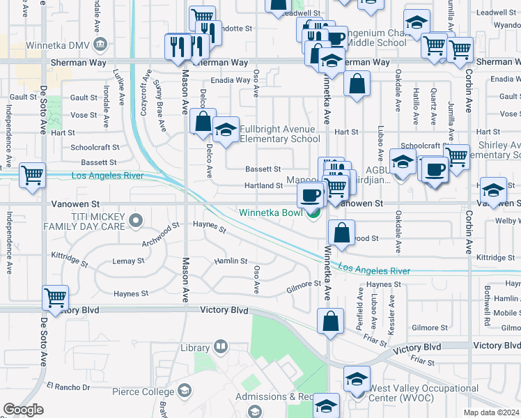 map of restaurants, bars, coffee shops, grocery stores, and more near 6750 Oso Avenue in Los Angeles