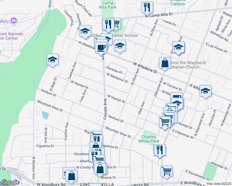map of restaurants, bars, coffee shops, grocery stores, and more near 412 West Mendocino Street in Altadena