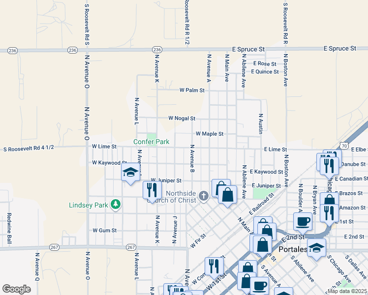map of restaurants, bars, coffee shops, grocery stores, and more near 346 West Lime Street in Portales