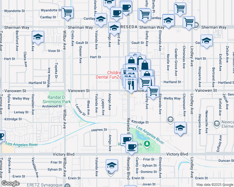 map of restaurants, bars, coffee shops, grocery stores, and more near 18560 Vanowen Street in Los Angeles