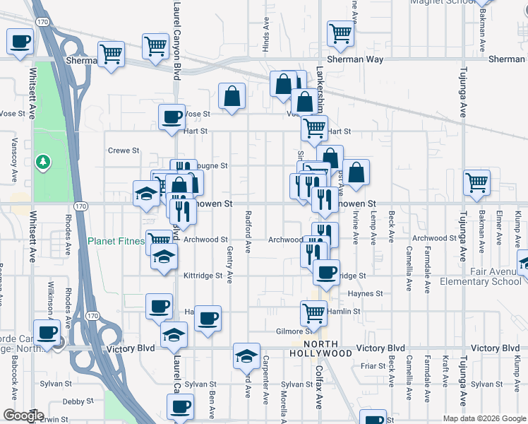 map of restaurants, bars, coffee shops, grocery stores, and more near 11818 Vanowen Street in Los Angeles