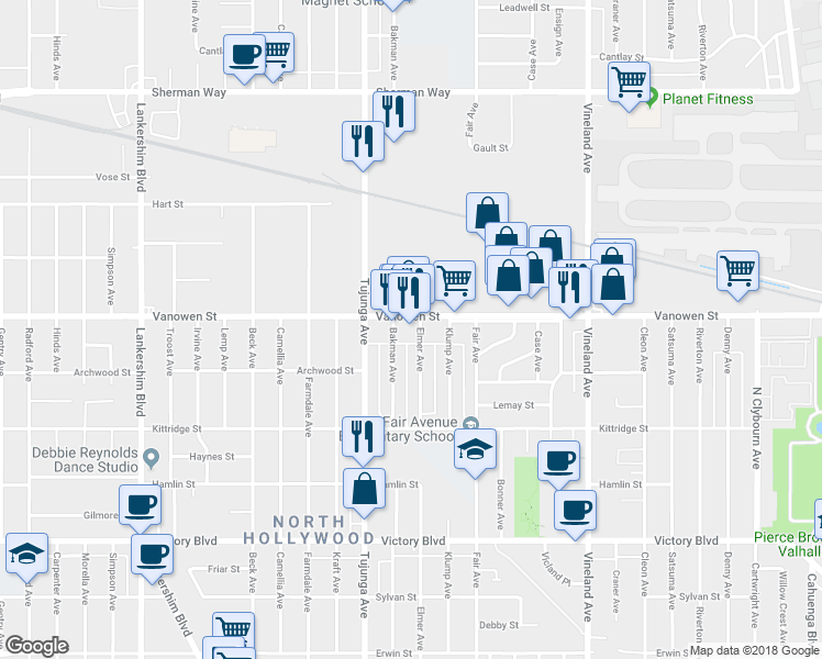 map of restaurants, bars, coffee shops, grocery stores, and more near 11310 Vanowen Street in Los Angeles