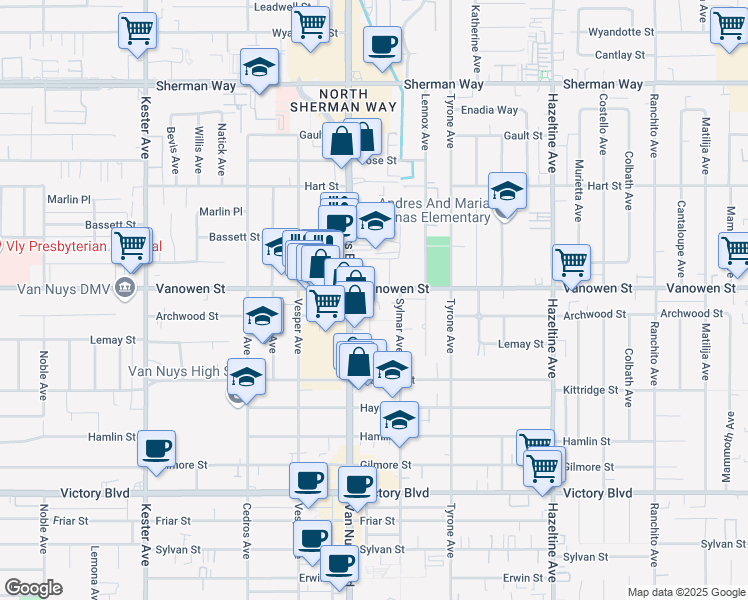 map of restaurants, bars, coffee shops, grocery stores, and more near 14439 Vanowen Street in Los Angeles