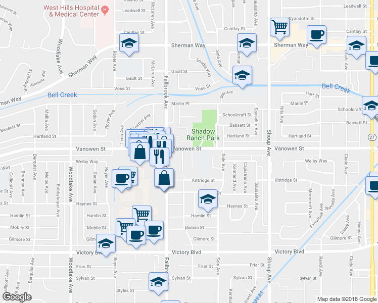map of restaurants, bars, coffee shops, grocery stores, and more near 6759 Vicky Avenue in Los Angeles