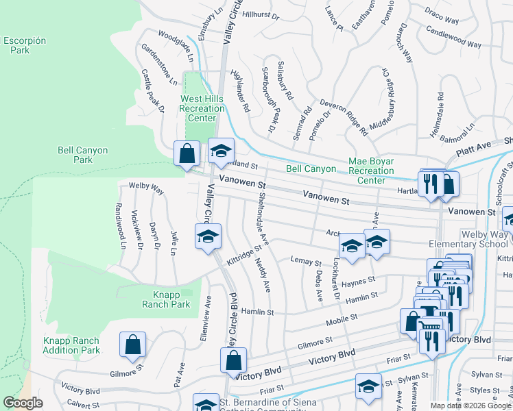 map of restaurants, bars, coffee shops, grocery stores, and more near 24321 Welby Way in Los Angeles