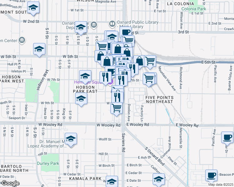 map of restaurants, bars, coffee shops, grocery stores, and more near 2 A Street in Oxnard