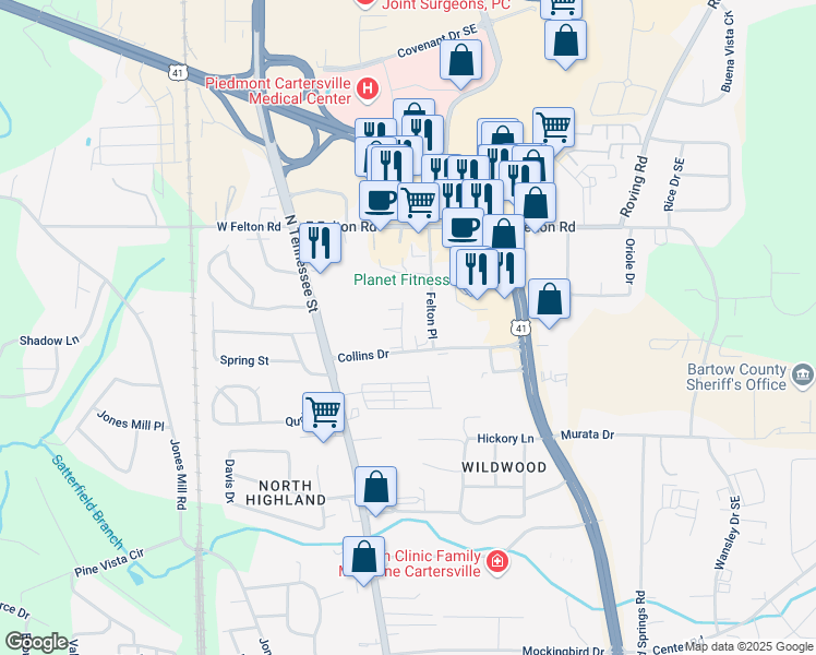 map of restaurants, bars, coffee shops, grocery stores, and more near 712 Manor Way in Cartersville