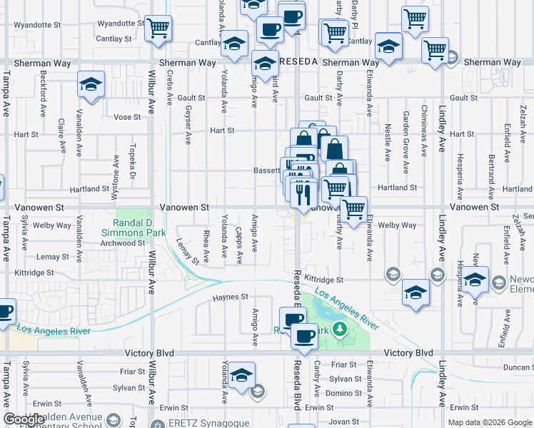 map of restaurants, bars, coffee shops, grocery stores, and more near 18560 Vanowen Street in Los Angeles