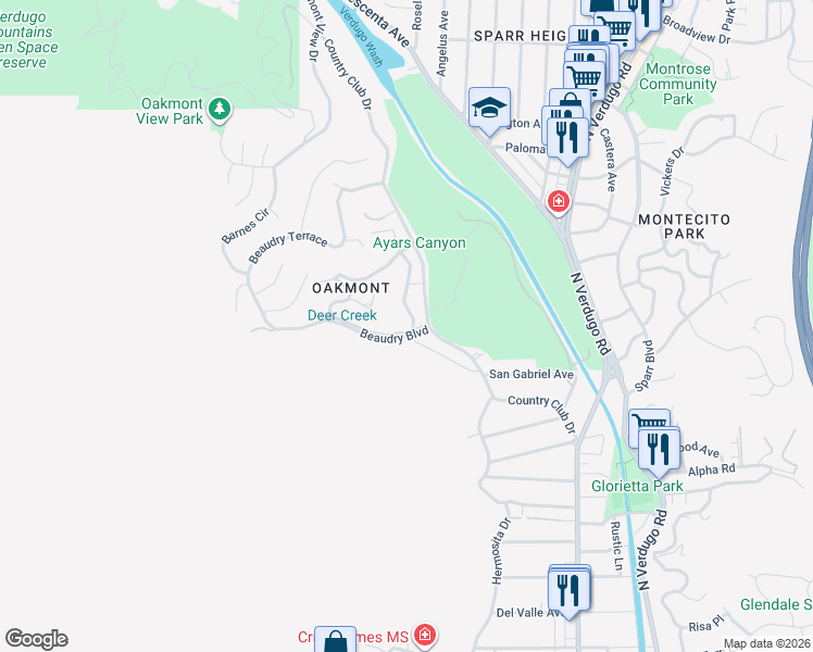 map of restaurants, bars, coffee shops, grocery stores, and more near 3101 San Gabriel Avenue in Glendale
