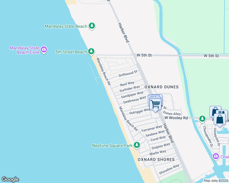 map of restaurants, bars, coffee shops, grocery stores, and more near 820 Mandalay Beach Road in Oxnard