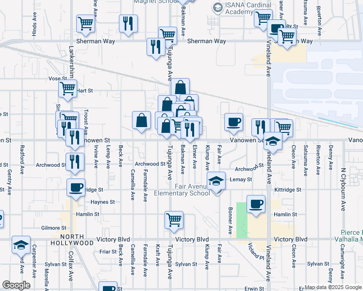 map of restaurants, bars, coffee shops, grocery stores, and more near 6747 Bakman Avenue in Los Angeles