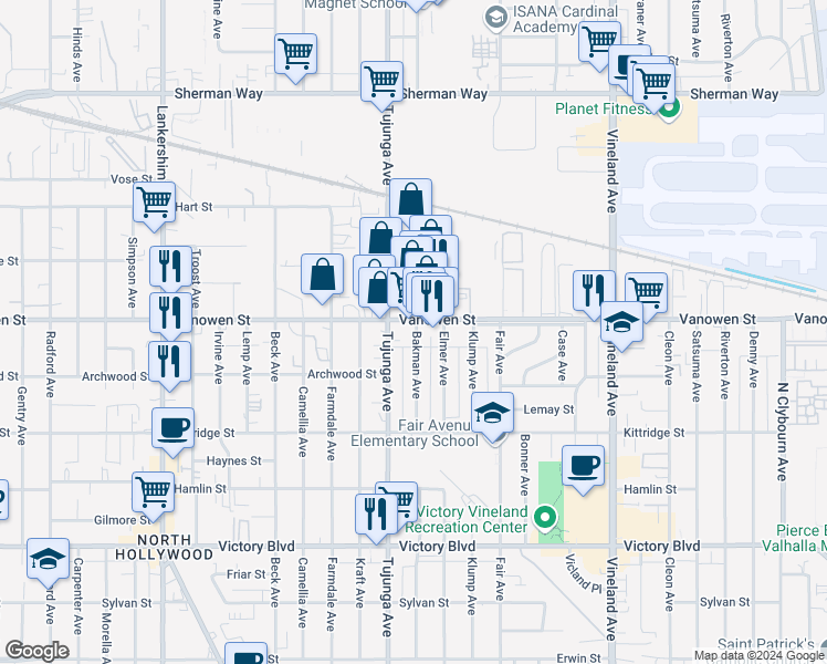 map of restaurants, bars, coffee shops, grocery stores, and more near 6747 Bakman Avenue in Los Angeles