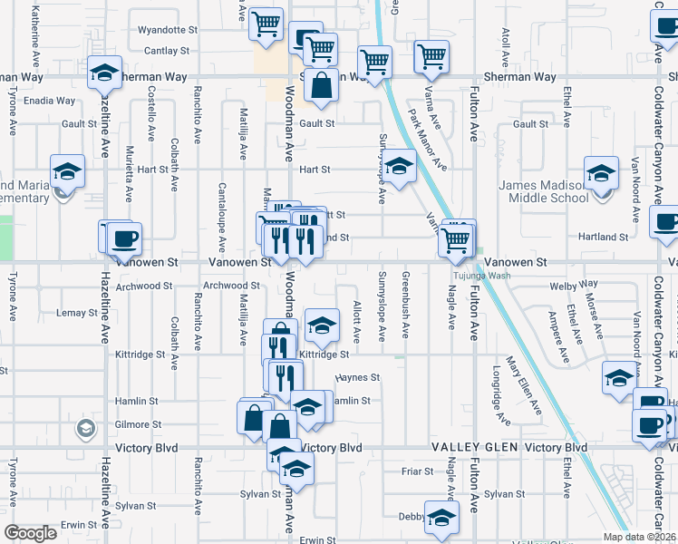 map of restaurants, bars, coffee shops, grocery stores, and more near 13616 Vanowen Street in Los Angeles
