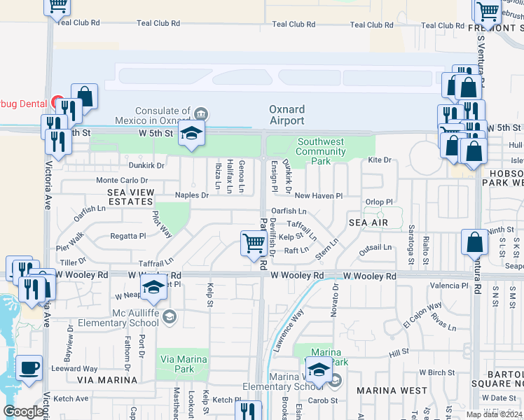 map of restaurants, bars, coffee shops, grocery stores, and more near S Patterson Rd & Oarfish Ln in Oxnard