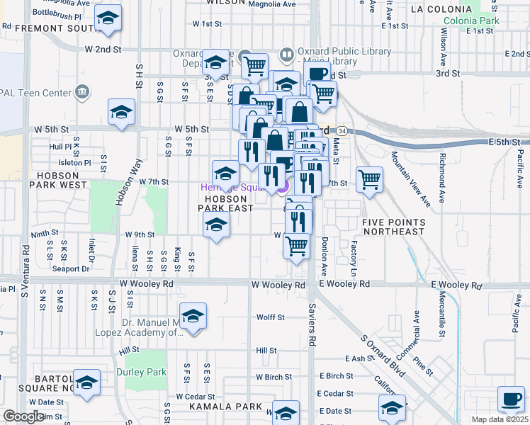 map of restaurants, bars, coffee shops, grocery stores, and more near 817 South B Street in Oxnard