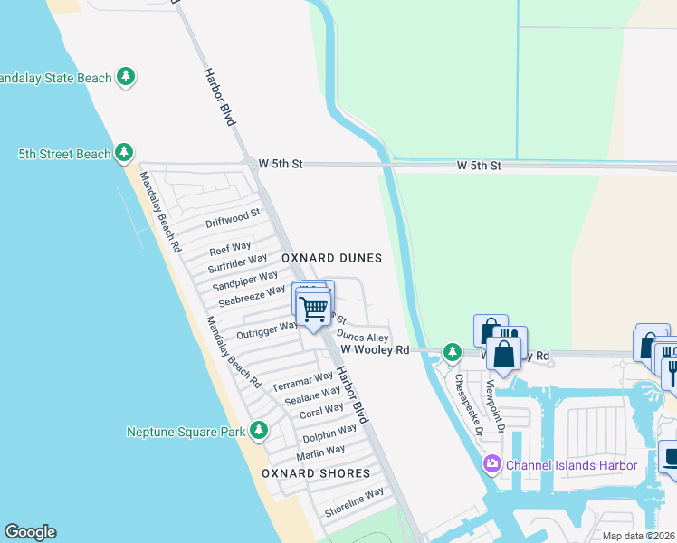 map of restaurants, bars, coffee shops, grocery stores, and more near 4941 Catamaran Street in Oxnard