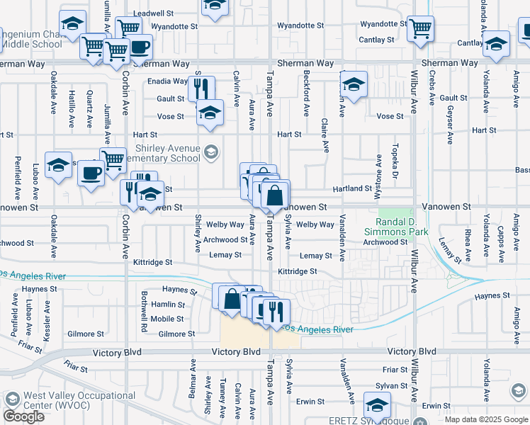 map of restaurants, bars, coffee shops, grocery stores, and more near 19309 Vanowen Street in Los Angeles